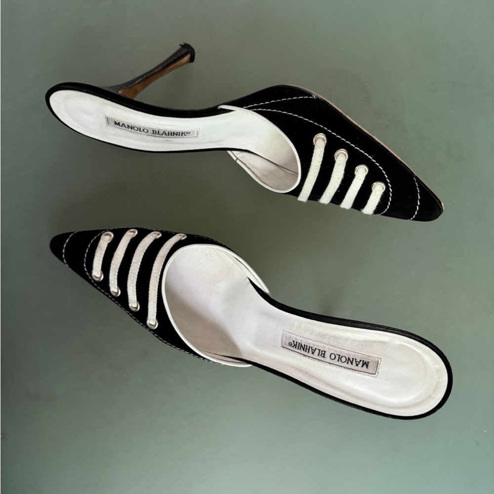 Manolo Blahnik Black and White Striped Mules